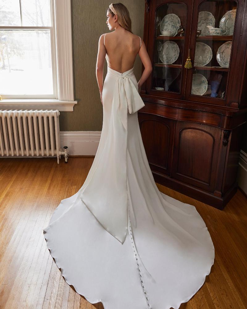 La23251 simple satin wedding dress with slit and spaghetti straps4